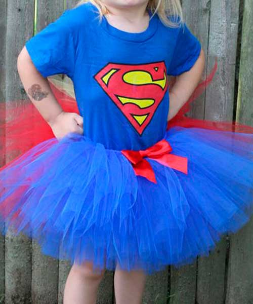 Disfraz de superman para niña con falda de tul azul y roja