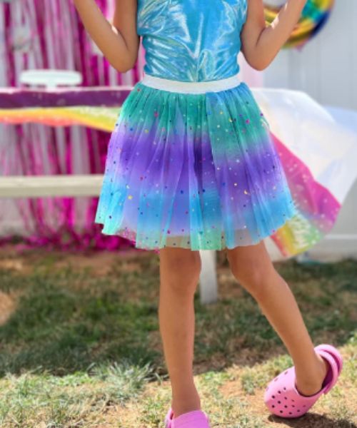 Falda de tul para niña con estrellas y colores arcoíris
