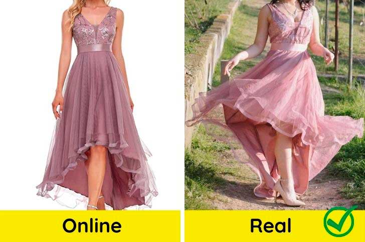 Imagen de producto comparada con la real de un vestido de tul elegante