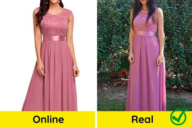Comparación de imagen de producto y real de un vestido de tul largo