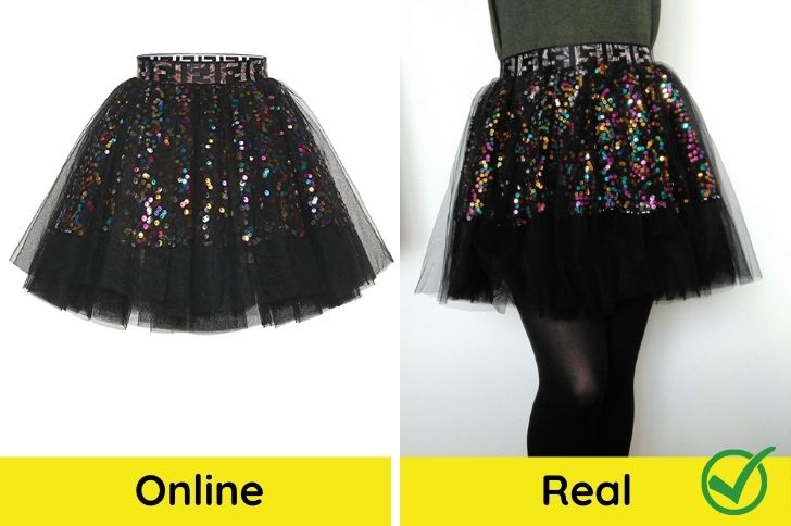 comparativa con una falda de tul de lentejuelas online vs real