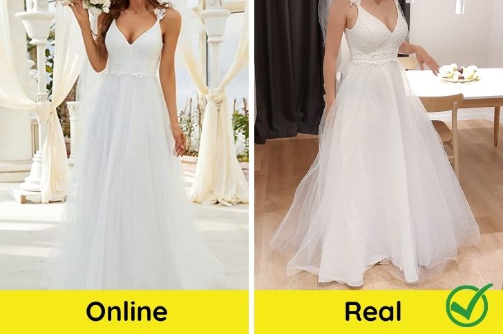 Comparación de un vestido de novia en tienda y real